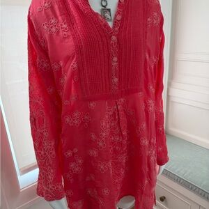 Johnny Was Coral Embroidered Boho Top